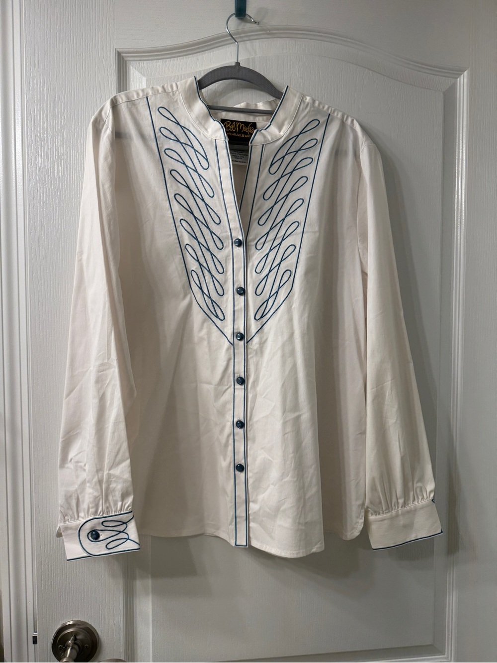 Bob Mackie Cream Button-Down Shirt with Navy Embroidery